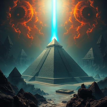 realistic, photo, scenic, psycadelic image of ancient pyramids and temples in a dark fantasy themed environment, geometric shapes, bifonacci, lsd, dmt, entities, a pyramid radiating with a light blue beam of light leading up to the sky