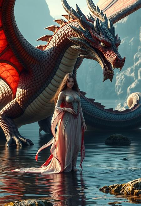 a gorgeous woman is standing in the water next to a dragon , in the style of fantasy scenes, realistic detail, theo prins, magewave, ferrania p30, evgeni gordiets, kuang hong, 8k sharp focus, photorealism, highly detailed
