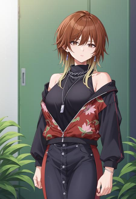 aketa mikoto, gradient hair, brown hair, blonde hair, multicolored eyes,  jacket, off shoulder, floral print, sleeveless turtleneck, black skirt, necklace, 