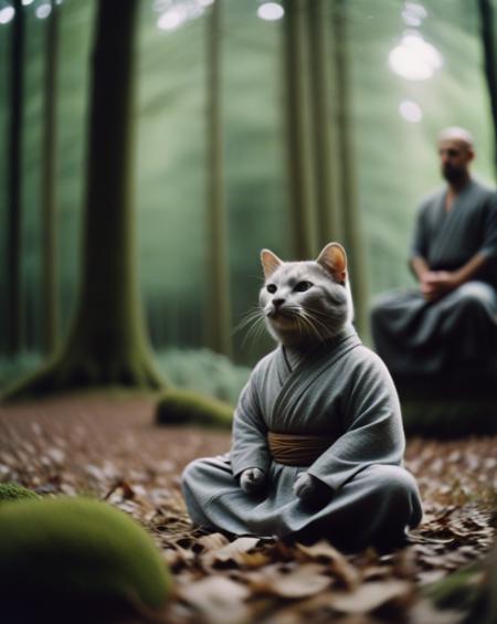a stablishing shot capturing the forest scene with the anthropomorphic cat meditating in the foreground, dressed in grey monk attire, adding a sense of calm and balance to the composition. The surrounding foliage is lush and verdant, with a gentle breeze causing some movement in the leaves.