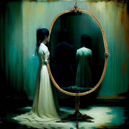 a woman standing in a livingroom looking at a mirror   <lora:DarkSurrealismAI:1>