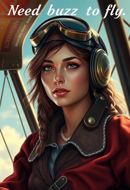 Masterpiece. (title text on top: "Need buzz to fly"), Illustration of a beautiful woman, vintage aircraft pilot, early twentieth century, high-res, semi realistic, best quality, intricate details, ultra details, good lighting, vibrant colors, very detailed, octane render, ray tracing,