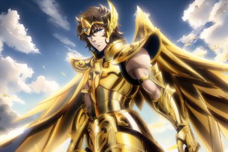 <lora:SagittariusArmor:0.6>, SagittariusArmor, gold armor, Henry Cavil as 1boy,  armor, brown hair, blue eyes, long gold wings, dramatic sky, looking at viewer, armor, short hair, closed mouth, upper body, serious, helmet, landing on empty field