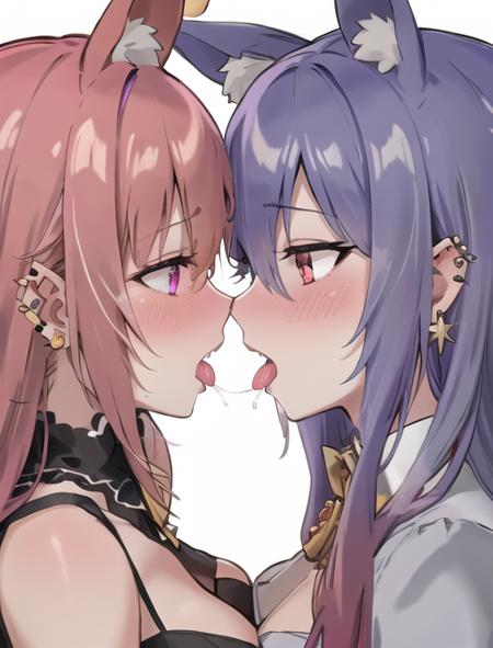 <lyco:AfterKiss-08:0.7> AfterKiss, long hair, breasts, blush, open mouth, bangs, multiple girls, red eyes, white background, 2girls, animal ears, jewelry, purple eyes, pink hair, multicolored hair, earrings, tongue, virtual youtuber, tongue out, pink eyes, orange hair, yuri, rabbit ears, looking at another, from side, animal ear fluff, gradient hair, piercing, ear piercing, extra ears, eye contact, new year, happy new year, face-to-face, after kiss