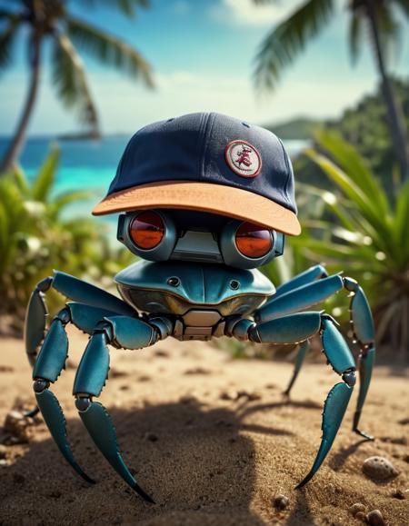cinematic film still artwork, toon, digital art of robotic crab, wearing baseball cap on head, tropical post-apocalyptic island in bg . shallow depth of field, vignette, highly detailed, high budget Hollywood movie, bokeh, cinemascope, moody, epic, gorgeous, film grain, grainy