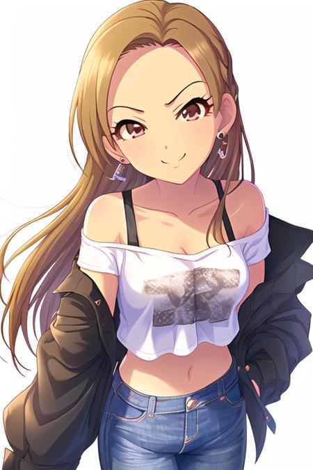 Matsunaga Ryo, 1girl, black straps, brown hair, crop top, denim, earrings, forehead, jeans, jewelry, long hair, looking at viewer, navel, off-shoulder shirt, off shoulder, pants, parted bangs, shirt, simple background, smile, solo, straight hair, v-shaped eyebrows, white background
<lora:deresute-v1.2:1>