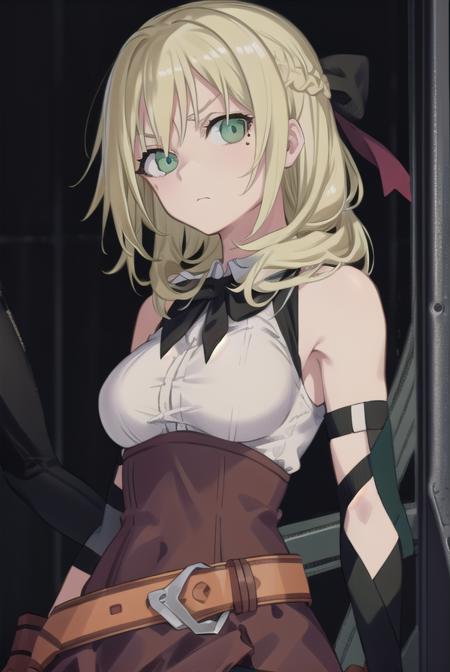 estellerosenthal, <lora:estellerosenthaltest:1>, estelle rosenthal, long hair, blonde hair, (green eyes:1.5), mole, mole under eye, black ribbon, black bow, hair ribbon,
BREAK skirt, shirt, thighhighs, gloves, bow, ribbon, bare shoulders, white shirt, sleeveless, belt, black thighhighs, miniskirt, bowtie, sleeveless shirt, red skirt, garter straps, red gloves, high-waist skirt, pink gloves,
BREAK looking at viewer,
BREAK outdoors, city,
BREAK <lora:GoodHands-vanilla:1>, (masterpiece:1.2), best quality, high resolution, unity 8k wallpaper, (illustration:0.8), (beautiful detailed eyes:1.6), extremely detailed face, perfect lighting, extremely detailed CG, (perfect hands, perfect anatomy),