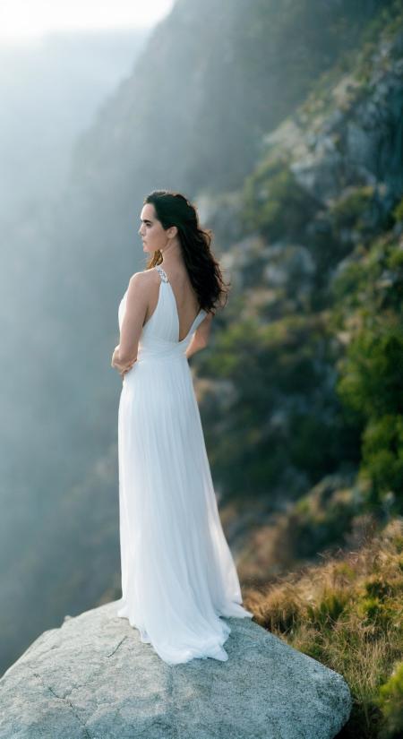 jennifer connelly (sharp focus:1.2), photo, attractive young woman, (beautiful face:1.1), detailed eyes, luscious lips, (smokey eye makeup:0.85), (medium breasts:1.0), (athletic body:1.2), (wavy hair:1.2), wearing (maxi dress:1.2) on a (cliffside:1.2). (moody lighting:1.2), depth of field, bokeh, 4K, HDR. by (James C. Christensen:1.2|Jeremy Lipking:1.1).