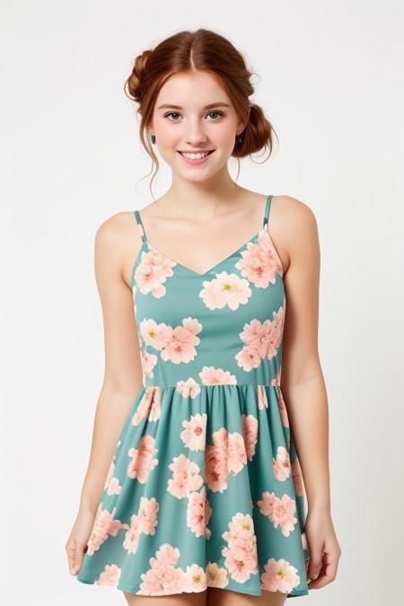 HD, perfect quality, 16k, very detailed,  a beautiful 21yo college girl with ginger hair in an updo, pale skin, wearing a calico floral dress, pink fleckes, green eyes, slim, detailed skin, hair behind ear, smiling proudly, standing in front of white background