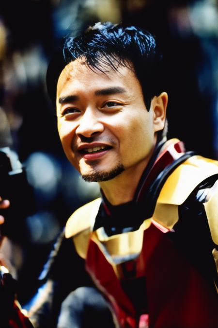 photo of lesliecheung with ironman armor, masterpiece, best quality, solo, portrait, (high detailed skin:1.2), 8k uhd, dslr, soft lighting, high quality, film grain, Fujifilm XT3,<lora:lesliecheung_v4:1>