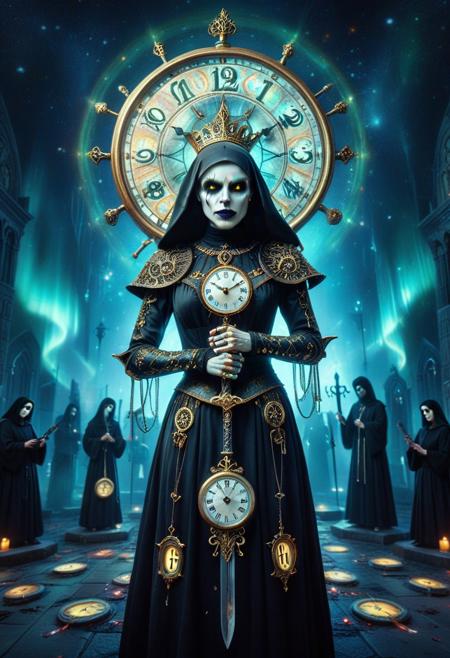 cstatuesdxl, morph-aurora, alabaster statue of 1girl, full body, emo makeup, short hairs, veil, black nun outfit chocker with gold clock in it, clock  embroidery, vampire fangs, long sharp claws, psychadelic aurora light,
,hair accesory, holding clock-graved sword,  broken surreal , cultist temple background, horror themed, bokeh,