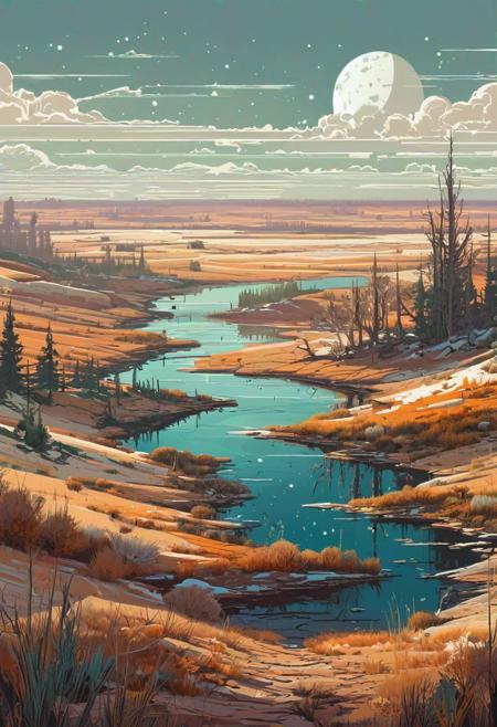 epic landscape, a post-apocalyptic world, seasons, flat vector illustration, different colour palette, muted colors, complex composition, intricate details, hightly detailed, improvisation, by Nikolai Dubovskoy, by Michael Klodt
