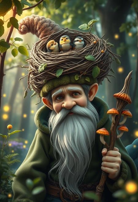 "Hyper-realistic depiction of a magical forest gnome, surrounded by lush, vibrant foliage and twinkling fireflies. The gnome's hat is a remarkable sight - a intricately woven bird's nest, complete with twigs, leaves, and feathers, and home to a brood of adorable baby birds. The birds' beady eyes peek out from the nest, and their tiny beaks open wide as they chirp for food. The gnome's face is a picture of gentle, wise kindness, with a long white beard and a twinkle in his eye. He wears a moss-green cloak and carries a staff made from a living tree branch, adorned with tiny, glowing mushrooms. The atmosphere is one of peaceful, enchanted wonder, with dappled sunlight filtering through the trees and a soft, earthy scent wafting through the air. Style: extremely detailed, hyper-realistic, and whimsically fantastical, with a focus on capturing the intricate textures and patterns of the natural world."