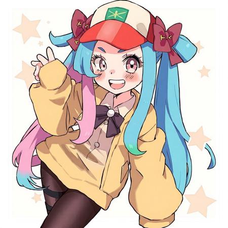 1girl, iono (pokemon), star in eye, grin, very long hair, :d, pantyhose, hexagon print, two-tone hair, bow-shaped hair, long hair, character hair ornament, single leg pantyhose, twintails, multicolored hair, upper teeth only, blue hair, thigh strap, smile, jacket, teeth, sleeves past fingers, oversized clothes, eyelashes, hair ornament, split-color hair, sharp teeth, symbol in eye, green hair, pink hair, aqua hair, very long sleeves, sleeves past wrists, yellow jacket, shirt, low-tied long hair, open mouth, pink eyes, tongue, star print, x, star (symbol), anime cap