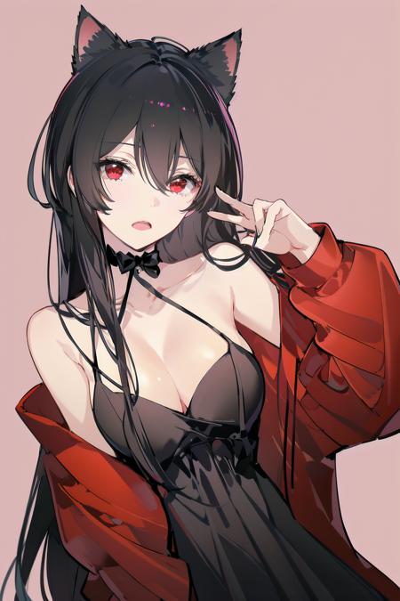 -1girl, solo, breasts, red eyes, long hair, dress, cleavage, black hair, black dress, red jacket, jacket, open jacket, looking at viewer, bow, long sleeves, collarbone, off shoulder, bare shoulders, open clothes, simple background, open mouth, choker, sleeveless dress, bangs, hair between eyes, black bow, sleeveless, hair bow, very long hair, head tilt, pink background, :o, hand up, medium breasts, spaghetti strap, large breasts, ribbon, upper body, black choker, chocolate,cat girl,<lora:cat girl-000018:0.8>,