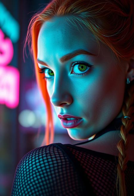 neon sign "DO ANDROIDS DREAM OF BUZZ?",
a dramatic extreme close-up of a woman's eyes, intense, looking back over her shoulder, emotional atmosphere, in the style of cksc, beautiful surprised woman, looking at viewer, (alert), (((pale skin))), orange hair, freckles, long braided hair, big green eyes, glowing green eyes, blacklight, (((skin-tight jumpsuit))), ((cybernetics)), ((fishnet clothing)), limited palette, candy colors, pink, pale blue, lime green, colorful bokeh, blurred background
