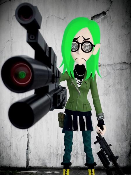 real life photograph of midoriko pointing a gun towards the camera, wearing swirly glasses, serious expression, foreshortening, gritty hyperrealism ww2 badass, emo, cyberpunk, woman, cute <lora:Midoriko-000900:0.9>