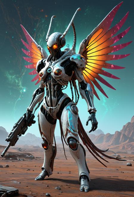 A fully enclosed biopunk mechsuit with scifi insect wings. A merge of a bizare alien, a robed high fantasy sorceress and spacemarine. The mechsuit is a  mix of rainbow paint spatters and grim moody aesthetic. Dynamic pose, holding a large scifi laser weapon. Full length image. Background is alien landscape on an alien planet. <lora:EpicF4nta5yXL:0.35> . award-winning, professional, highly detailed . extremely high-resolution details, photographic, realism pushed to extreme, fine texture, incredibly lifelike, high contrast, well defined, <lora:Zariman_PONY:1>