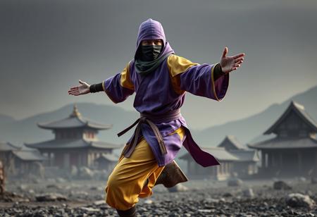 Senior Silver Ninja man, vibrant purple-yellow gi, black mask, red chest star, brown boots, dynamic action pose, arms outstretched, ready stance, against stark hidden village background, cinematic 4k, high-res matte painting, splash ink illustration, octane render, unreal engine 5, Raphael/Houdini style, captivating lighting, impeccable composition, creative angle, golden ratio, trending on Artstation, CGSociety.