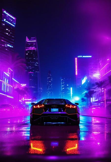 ()Hyoer Realistic:2.0) (((Cinematic Shot)))
an image of 
A futuristic South Beach, Miami, bathed in neon lights, as a Lamborghini Aventador speeds down the coastal highway. The car's sleek, angular body glows with a metallic sheen, its tires scorching the pavement. The night air is electric, filled with the hum of advanced technology and the distant thump of bass from the city's vibrant nightlife. The Aventador's 740hp engine roars to life, propelling it forward at incredible velocity, as the city's towering skyscrapers and holographic billboards blur by in a kaleidoscope of color.