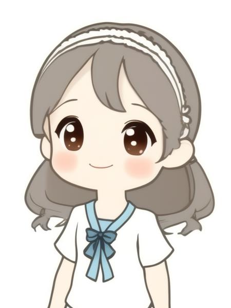 avatar cute, 1girl, solo, long hair, blush, smile, open mouth, bangs, simple background, shirt, hair ornament, ribbon, brown eyes, hair ribbon, white shirt, upper body, braid, ahoge, white hair, short sleeves, :d, hairclip, grey background, chibi, twin braids, sparkle