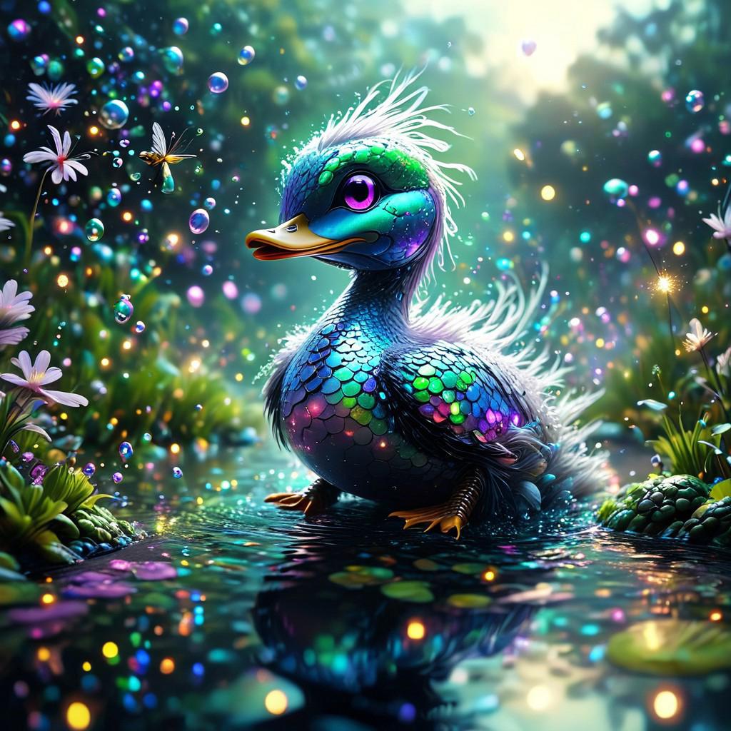 Bubble Bobble style, high quality, masterpiece, misty scene, a beautiful robot duck with purple eyes, green feather, surrounded by fireflies and turtles novuschroma12, novuschroma12 style DonM5h4d0wM317XL,, cute,fantasy, vibrant, reflective water, pond, cute, fantasy,