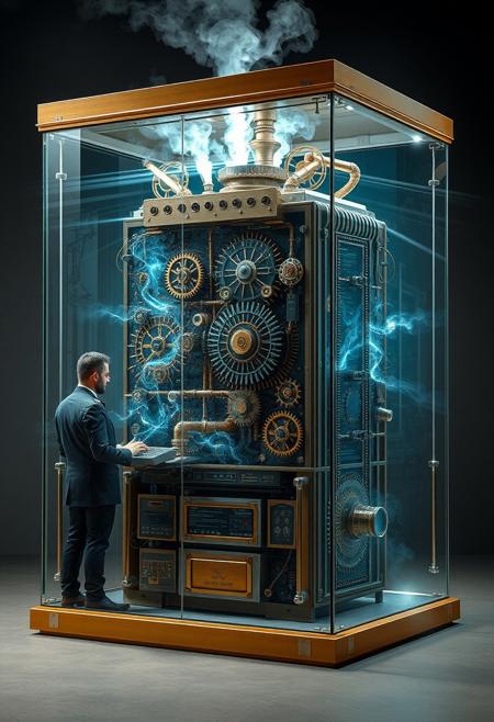 Inside of its glass case a fantastical steampunk quantum computer bends time and space. Beams of energy swirl and dance around the intricate clockwork gears and cog wheels. Steam issues from a bank of pipes along the top of the cabinet. Outside of the case a steampunk engineer, resplendent in his uniform, stands at a keyboard to one side. This striking steampunk image, envisioned as a high resolution digital image, showcases the machine's ornate design and cutting-edge functionality. Every detail is meticulously rendered, creating a visually stunning masterpiece that captivates the viewer with its intricate beauty and technological brilliance.