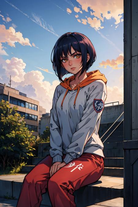 masterpiece, best quality, tsumura tokiko, scar, hoodie, pink sweatpants, sitting, city street, stairs, looking at viewer, bored, gray skies <lora:tokiko-nvwls-v1-000011:0.9>