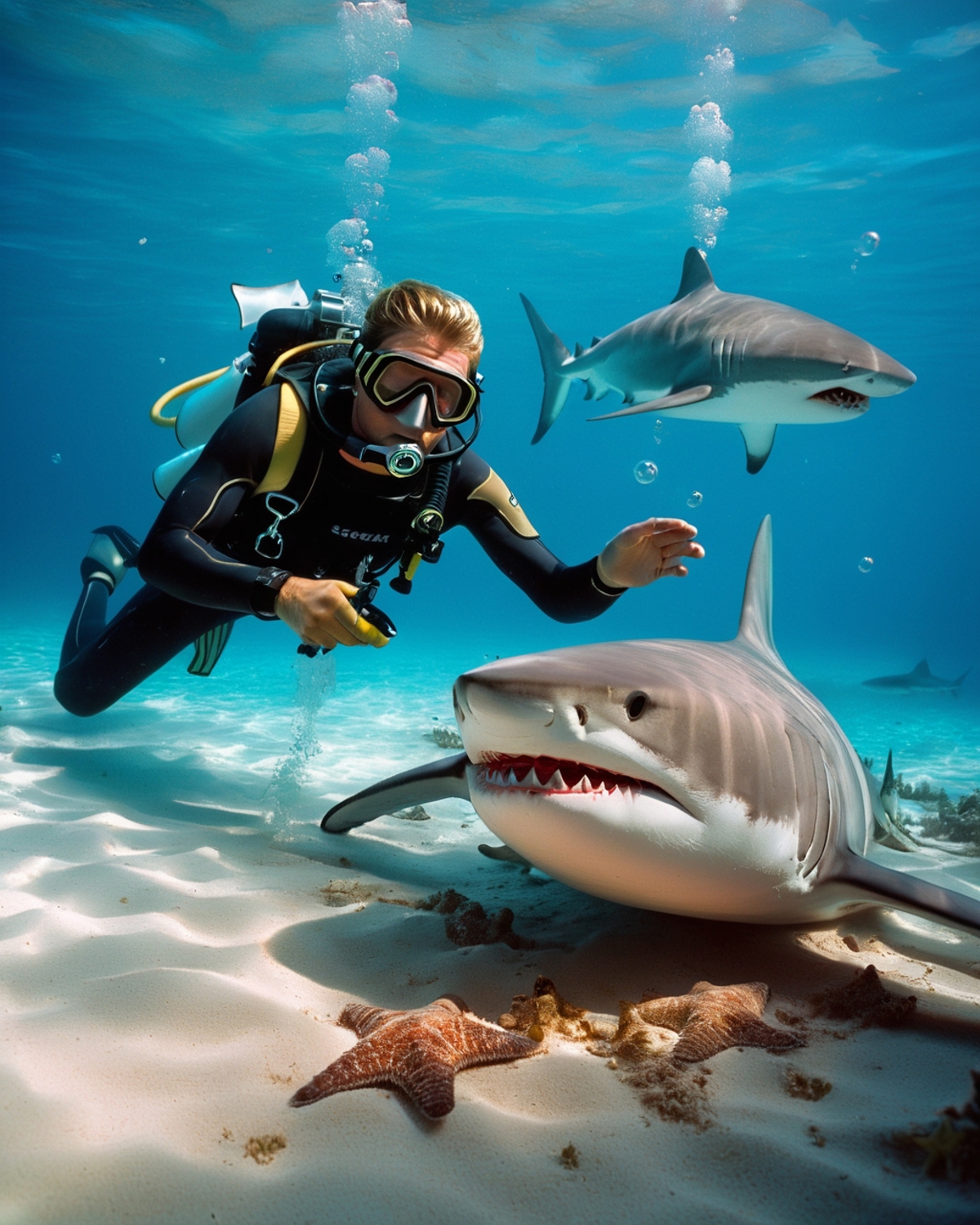 A woman with a shark diving gear posing with a shark.