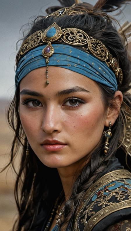 In Casey Baugh's evocative style, art of nomadic steppe warrior's spirit, Uyghur face features, abstract, warrior's way, dynamic pose, flowing spiritual lights, steppes (masterpiece, sidelighting, finely detailed beautiful eyes: 1.2),  intricate, elegant, highly detailed, majestic, Baugh's brushwork infuses the painting with a unique combination of realism and abstraction, greg rutkowski, surreal gold filigree,
