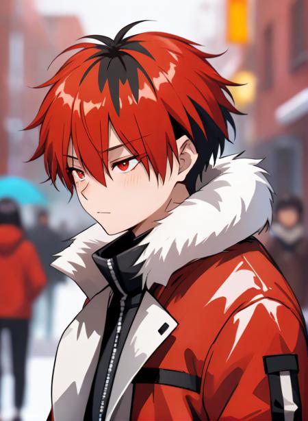 solo,short hair,bangs,black hair,red eyes,1boy,hair between eyes,jacket,upper body,male focus,red hair,multicolored hair,blurry,two-tone hair,fur trim,red jacket