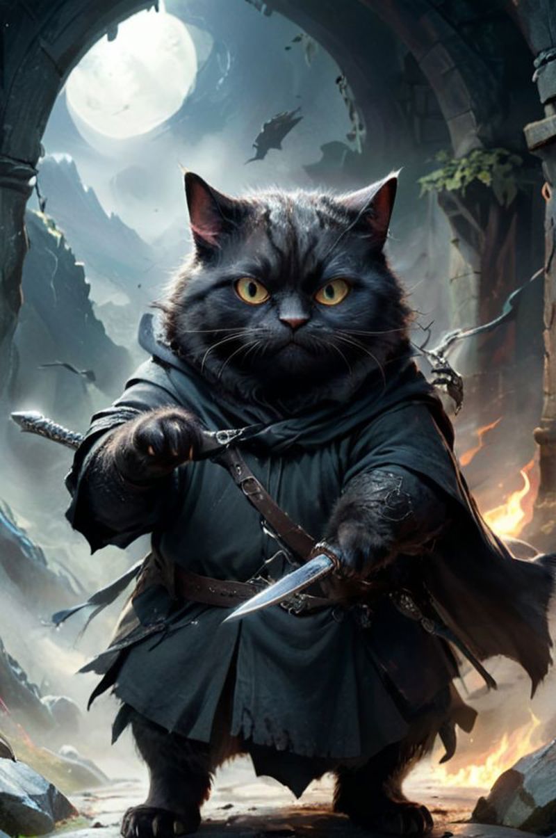 Black cat dressed in a wizard's robe holding a sword.
