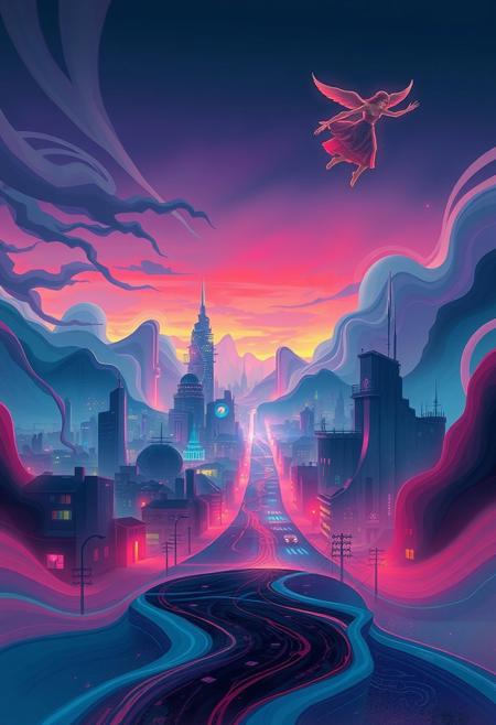 The town features a desolate cityscape with glowing neon lights, abstract flowing shapes merging into the skyline, soft gradients blending between dusk and dawn, and ethereal figures floating in the air, all rendered in a fluid, dreamlike style, emphasizing vibrant colors, motion, and high contrast. The entire composition is vivid and dreamy, evoking a sense of wonder.