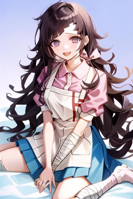 <lora:MikanDG:1>, 1girl, solo, messy hair, bandages, apron, shirt, short sleeves, bandaged leg, puffy sleeves, pink shirt, official style, blue skirt, smile,