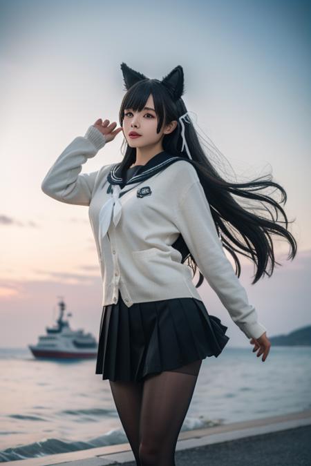 ultra-detailed,highly detailed,best quality,masterpiece,illustration,realistic,
atago, 1girl, solo, atago \(azur lane\), cosplay, mole under eye,
animal ears, very long hair,bangs, sidelocks, hair ribbon,
school uniform,cardigan, sailor collar, serafuku, long sleeves, pleated skirt, pantyhose,
outdoors, flower, day, blurry background, photo background,wind,floating hair, sky,sea,waves, skyline,warship, 
 <lora:atago_uni_v1_02:0.7>