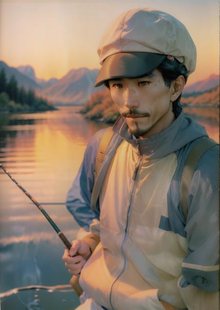 portrait of handsome man yukihiro takahashi <lora:diffusiondesign_Takahashi_LoRA_v1-08:0.9>,(masterpiece, best quality:1.2), solo, portrait, fishing, japanese landscape, holding fishing rod, wearing neutral colored hiking gear, wearing layered textures, fisherman's cap, golden hour