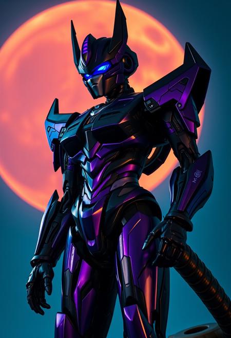 Female Robot, Purple and black Megatron full body cinematic photograph with an orange and blue synthwave moon background. Slightly turned. Dragon theme.