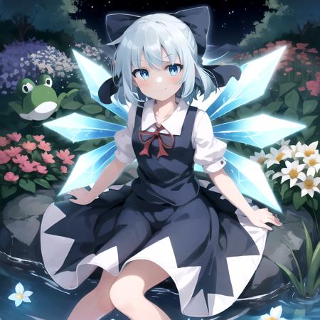 (SLE, mksks style),
1girl, cirno, cirno 4rt, ice wings, smiling, garden, pond, flowers, 
 <lora:cirno_2-05:0.7>,
vivid colours, vivid lights, cinematic lighting, frog,