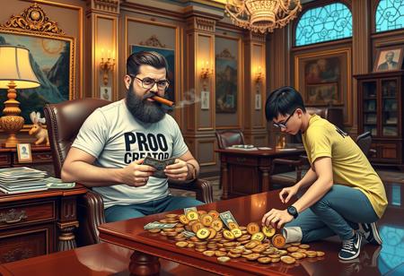 a bearded boos man wearing a t-shirt that says "PRO CREATOR" and smoking a cigar sitting at a big desk in an elegant big office counting lots of bills and coins that say "BUZZ" a slim nerdy guy with glasses wearing a t-shirt that says "ME" kneeling down picking up coins that fall off the desk in a bag