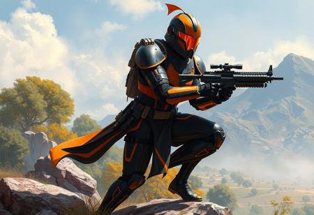 A hyper-detailed 8K digital painting of a Gaia Knight, the Force of Earth from Star Wars, captured in a dynamic action pose - standing on one leg with the other bent, ready for combat. The warrior wears a sleek black and orange armored suit with vibrant red-orange striping, complete with a matching helmet featuring an orange visor. They grip a blaster rifle with precision, set against the lush, peaceful landscapes of Planet Calarium.