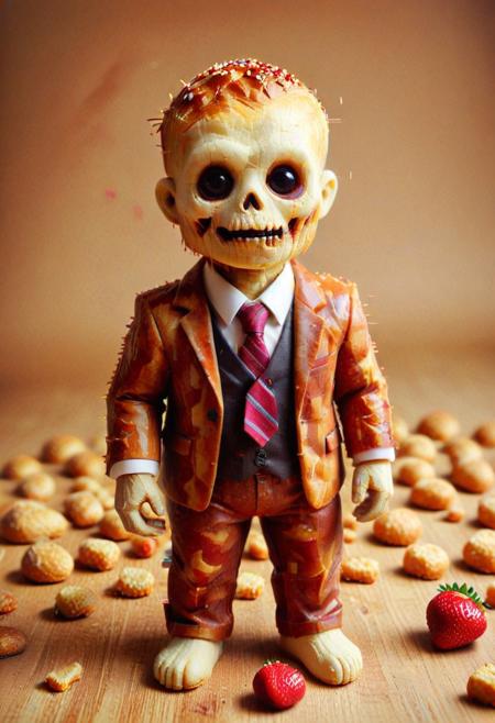 Raw digital photo, Tilt shift photography style, , chibi, a glitch low-poly zombie made of bread, wearing suit and pants with necktie, ( Unmanned:1.2), strawberry jam, flickering, mix of colors psychedelic background,