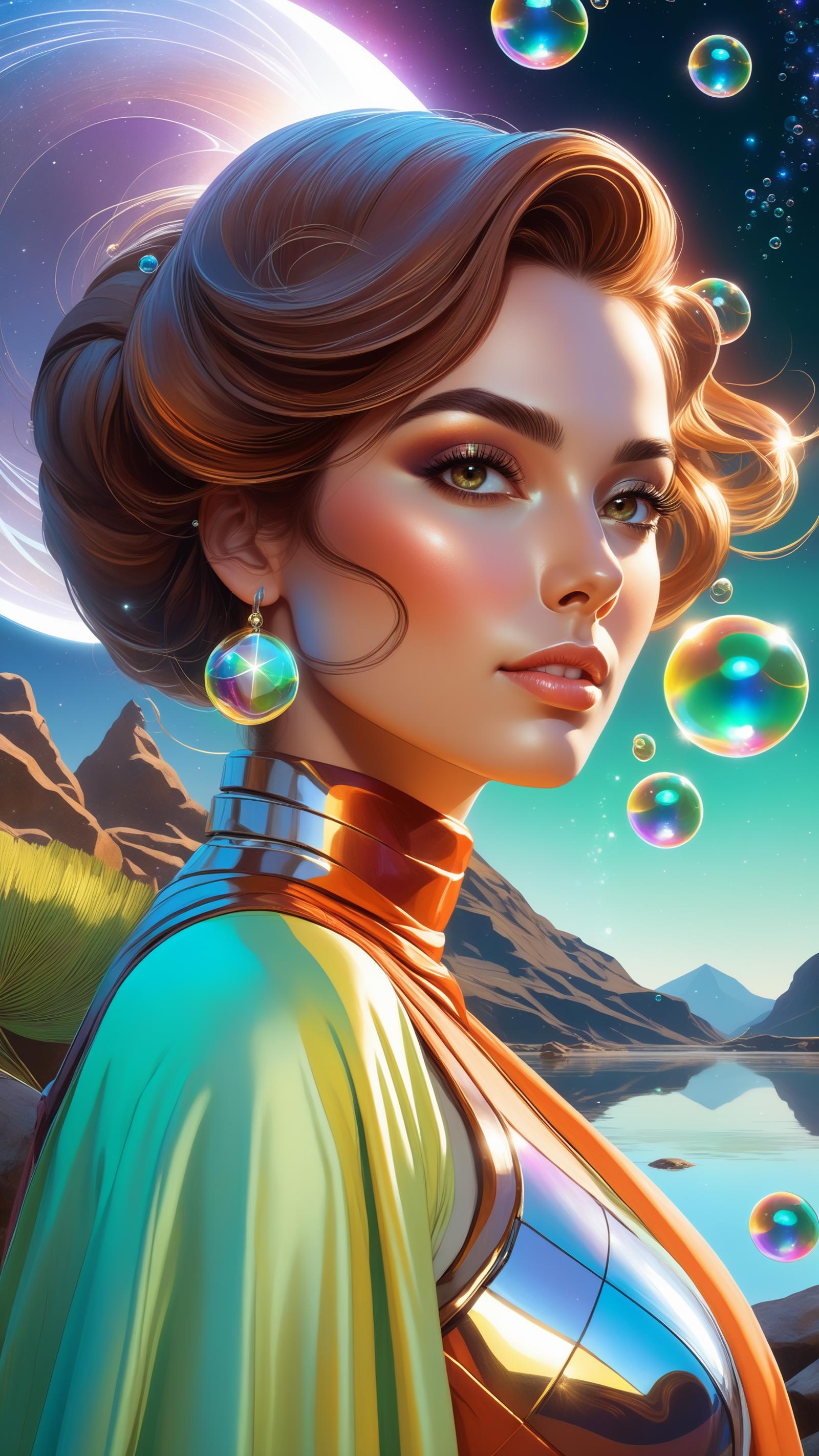 Digital Art of a Woman with Bubbles and Mountains in the Background