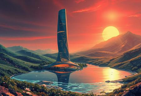Planet Xylophia-IV, a stunning celestial body known for its breathtaking landscapes, making it an attractive destination for human colonization and terraforming efforts in the late 22nd century.
Soft, serene sky with reds and oranges
A tranquil, crystal-clear  ice lake reflects the aurora's ethereal dance, its surface dotted with lotus-like, bioluminescent flora that pulse in harmony with the planet's natural energy; undulating, emerald-green hills rise gently, covered in a lush, alien vegetation that shimmers with a subtle, rainbow hue; the rugged, ruby mountain range stretches across the horizon, its peaks hiding ancient, alien ruins and mysterious energy sources.
The center object is a majestic, spiral-shaped skyscraper, that pierces the sky, its surface adorned with a latticework of neon-lit, retro-futuristic accents; the spire serves as New Eden's heart, housing the colony's administration, a renowned intergalactic research center, and a luxurious, zero-gravity hotel.
As the dual suns dip below the horizon, New Eden transforms with a warm, golden lighting scheme, accentuating the retro-futuristic elements and casting a magical glow across the landscape.
Panoramic shot from a elevated vantage point, capturing the entirety of New Eden, the lake, and the majestic distant mountain ridge.