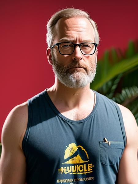 photo of (LuckyHank:0.99), a bearded man wearing glasses, wearing a yellow tank top, with black sunglasses on the head,  detailed face, realistic skin, high quality, (brown eyes:1.1), Leica 50mm, f1. 4, natural light, grainy, (high detailed skin:1.2)