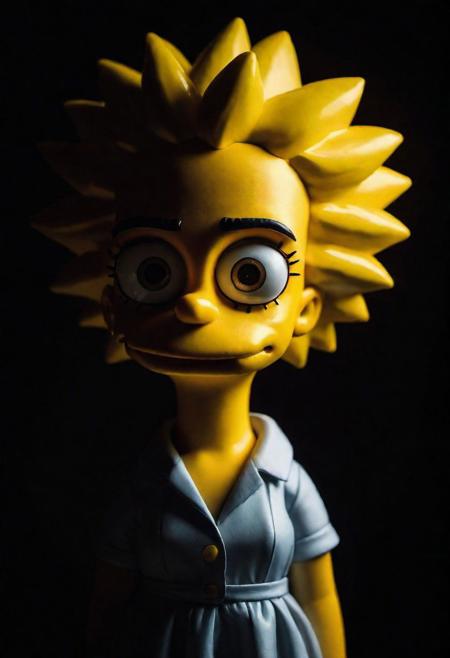 Close-up, (Lisa Simpson ), grim smile, relaxed pose, portrait movie shot, serious, menacing, chiaroscuro style photo, dark background, minimalism, dramatic lighting, professional quality, dull highlights and shadows, natural and   original, laser eyes