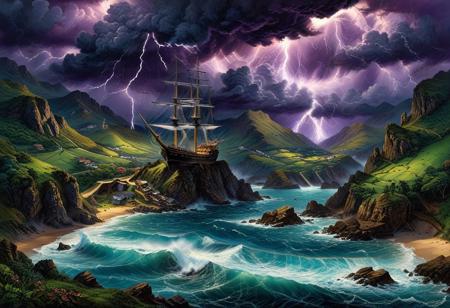 Oil pastel landscape scene where sea waterspout storm with lightning is the focal point. The storm dominates the skyscape while in the foreground a tall pirate sailboat in a steep mountain pass. ((Highest quality: 1.0), (High resolution: 1.0), (masterpiece: 1.0), beautiful and aesthetic: 1.3), extremely detailed, colorful, very detailed, ((ultra-detailed)), (highly detailed CG illustration), ((Dark and purple hues, shadow, mysterious,)),