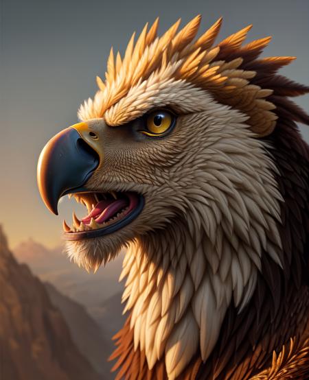 masterpiece, best quality, lion eagle ((eagle head)), huge crooked beak, lion body, lion mane, four paws, wings on back, scary beautiful, ((beautifully detailed griffin)) (extremely detailed CG Unity 8k wallpaper), professional majestic oil painting by Ed Blinky, Athea Gailan, Studio Ghibli, Jeremy Mann, Greg Mancheza, Antonio Moro, popular on ArtStation, popular on CGSociety, Intricate, High Detail, Sharp focus, dramatic, photorealistic painting by Midjourney and Greg Rutkowsk