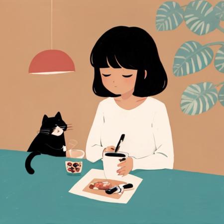 masterpiece, best quality,
paint,illustration,
style2,solo,simple background,
a woman sitting at a table with a cat  and a cup of coffee in front of her
 <lora:Inset-V1.2:0.6>, <lora:Inset-V1.1:0.6>