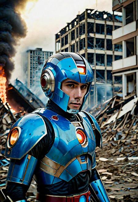 Portrait Photo of a blue gelatine megaman who is standing looking at how his city has been destroyed by a nuclear bomb. He has just arrived at the disaster and observes the horror of the destruction, ruined buildings full of smoke and flames, ground full of rubble with skeletons lying around In the dawn light floods the scene, the man is completely dressed in normal clothes and wet, he is dirty, everything is a disaster, the sky is cloudy and it is raining,(beautiful face:1.6), Fujifilm XT3,film still,film grain,cinematic,soldier accessories,war style, professional photo,best quality and best aesthetic,Award-winning artistic photos,Outdoors,public places,( detailed in background:1.6)Perfil,18-20 (dirty:1.8)