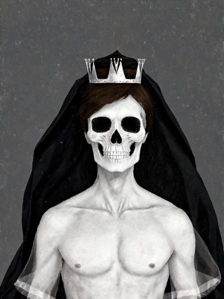 SerenityStyle, masterpiece, best quality, solo, 1boy, male focus, blood, crown, veil, facing viewer, skull, horror , <lora:SerenityStyle:0.7>